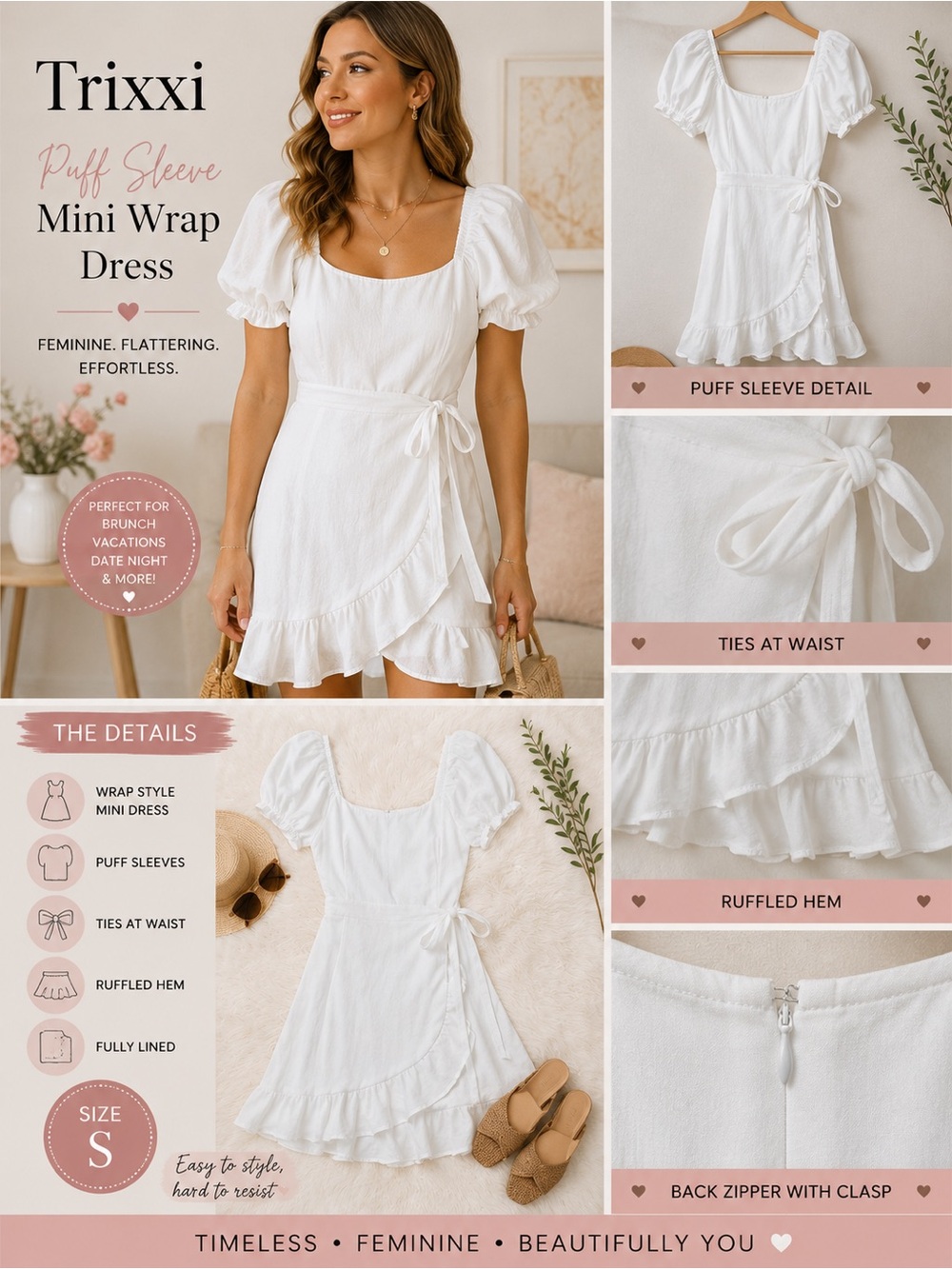 Trixxi White Puff Sleeve Mini Wrap Dress | Size Small